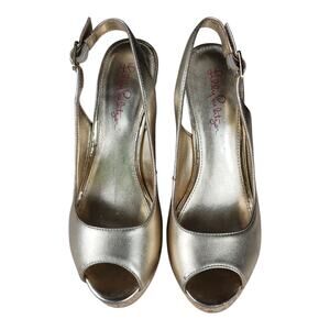Lilly Pulitzer Kristen‎ Gold Metallic Peep Toe Sling Back Wedge Sandals Sz 7